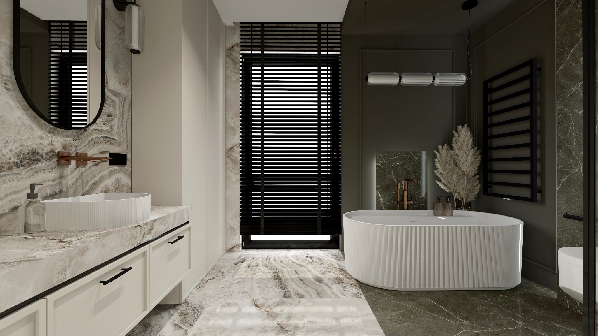 Elegancka łazienka z marmurowymi akcentami: owalne lustro, umywalka nablatowa, wolnostojąca wanna i czarne żaluzje okienne. Nowoczesny design z dbałością o detale.