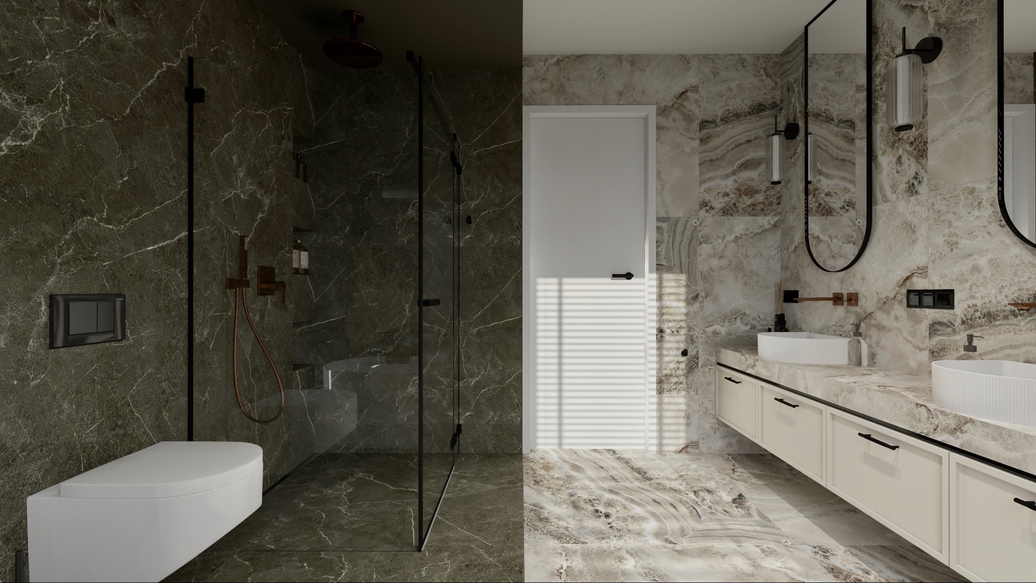 Nowoczesna łazienka z kabiną prysznicową typu walk-in, umywalkami nablatowymi i marmurowymi płytkami w odcieniach zieleni i beżu, oświetlona światłem słonecznym.