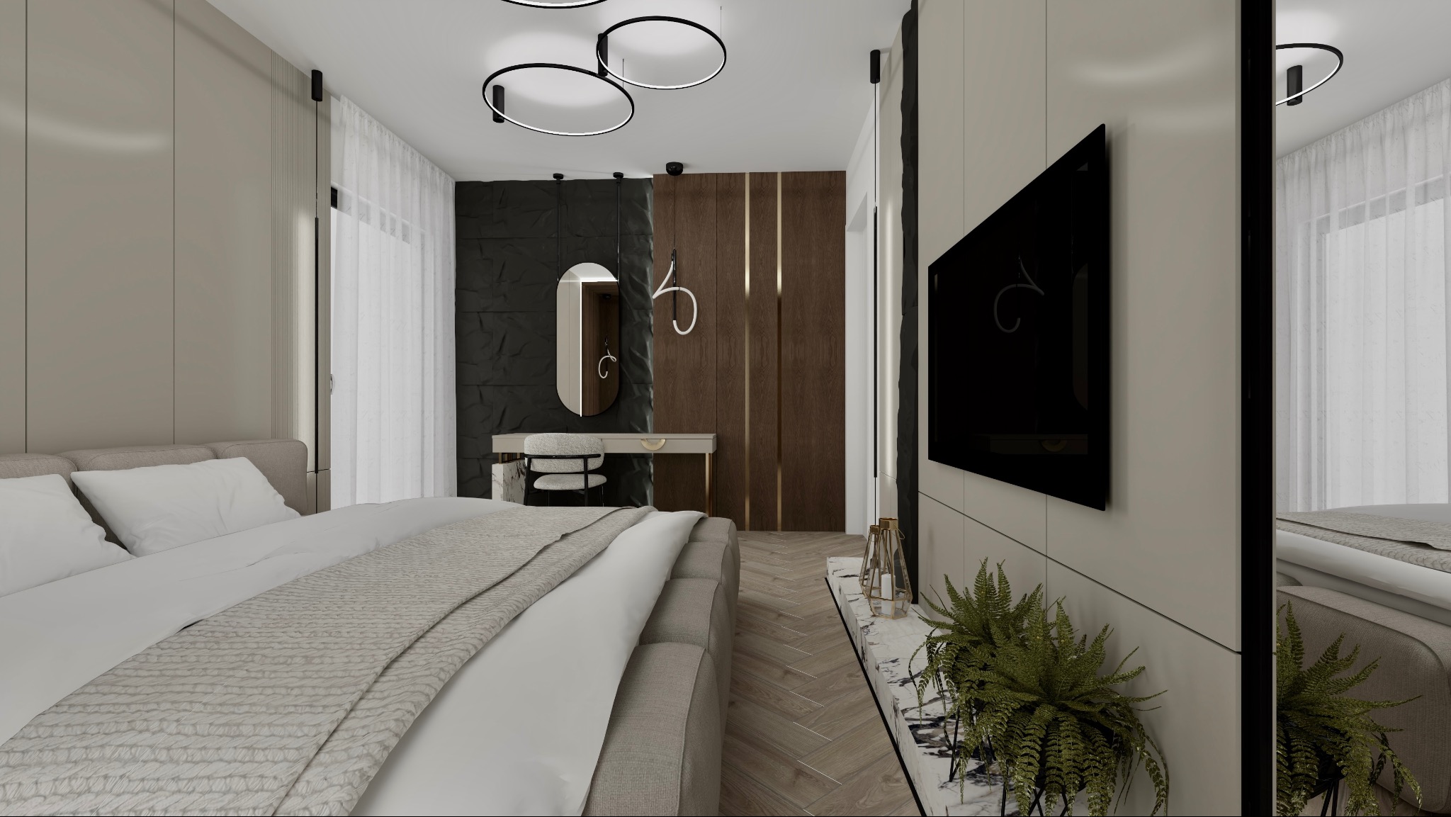 Nowoczesna sypialnia z łóżkiem, toaletką z owalnym lustrem, telewizorem i dekoracyjną ścianą. Minimalistyczne oświetlenie i stonowana kolorystyka tworzą elegancki wystrój.