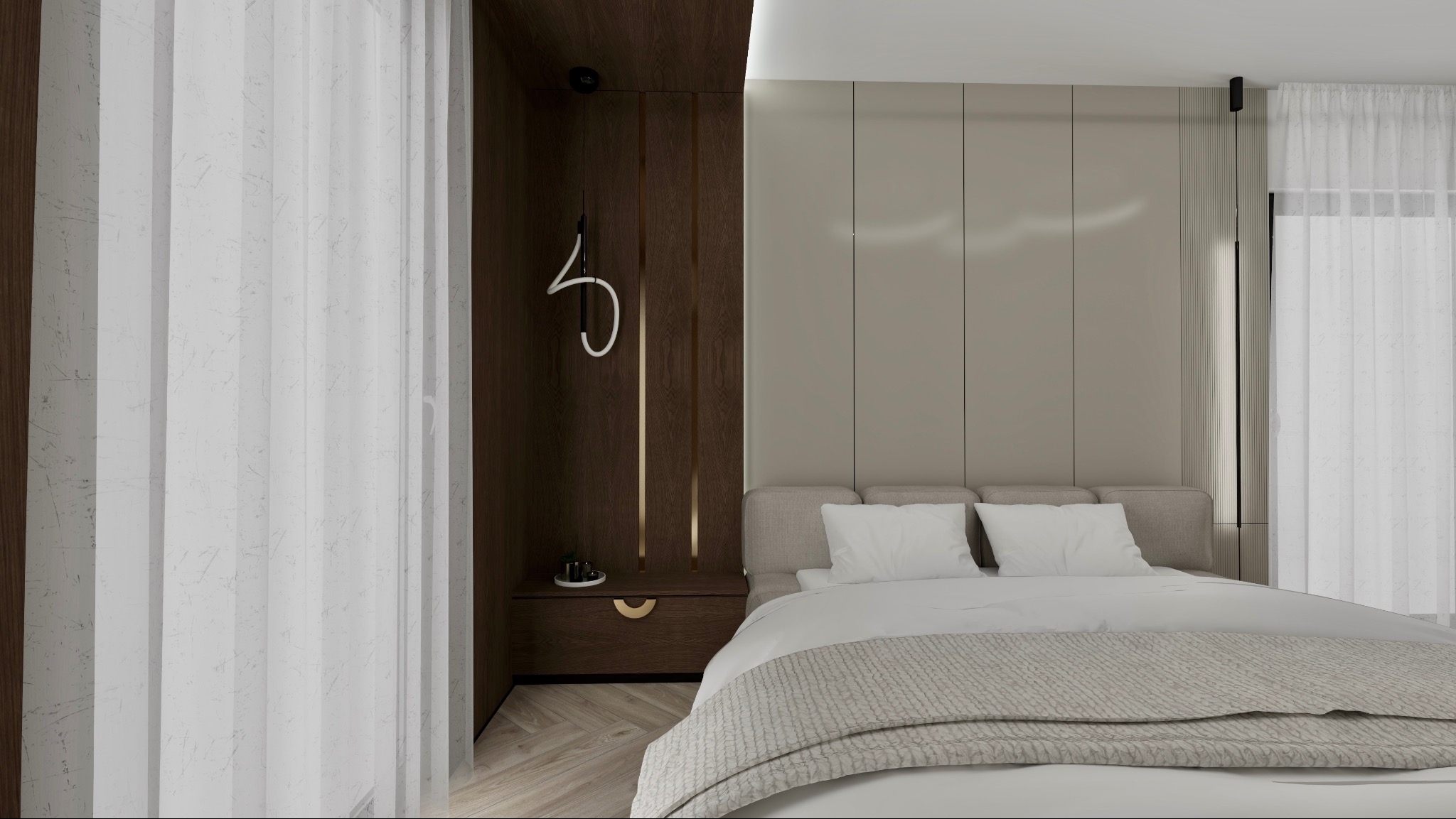 Nowoczesna sypialnia z beżowymi panelami ściennymi, drewnianą szafką nocną z lampą i zwiewnymi, białymi zasłonami. Minimalistyczny design z akcentami złota.