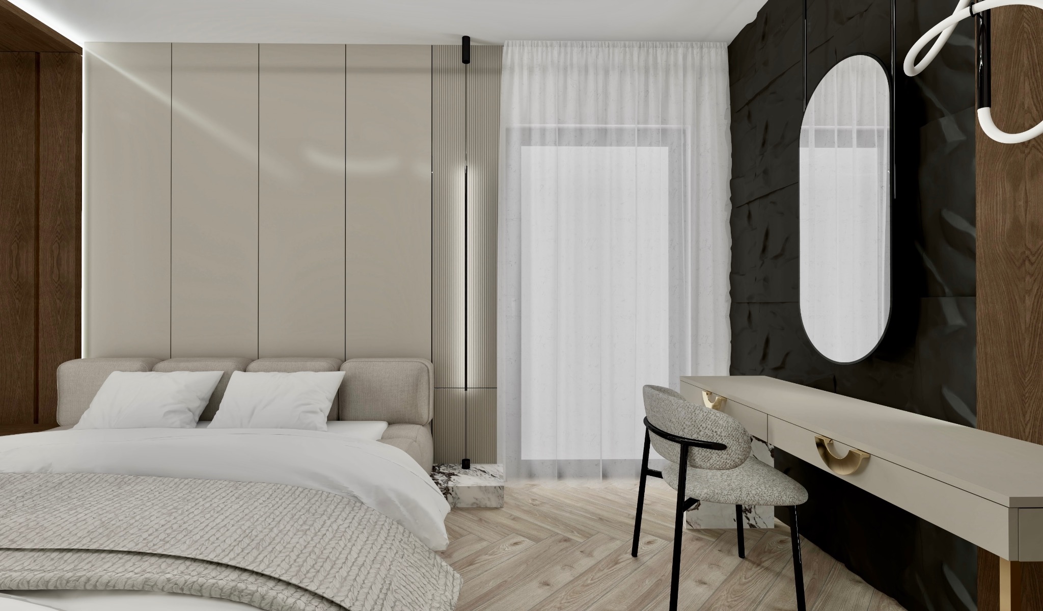 Nowoczesna sypialnia z łóżkiem, toaletką z owalnym lustrem i krzesłem na tle ściany z dekoracyjną fakturą. Jasne kolory, drewniana podłoga w jodełkę.