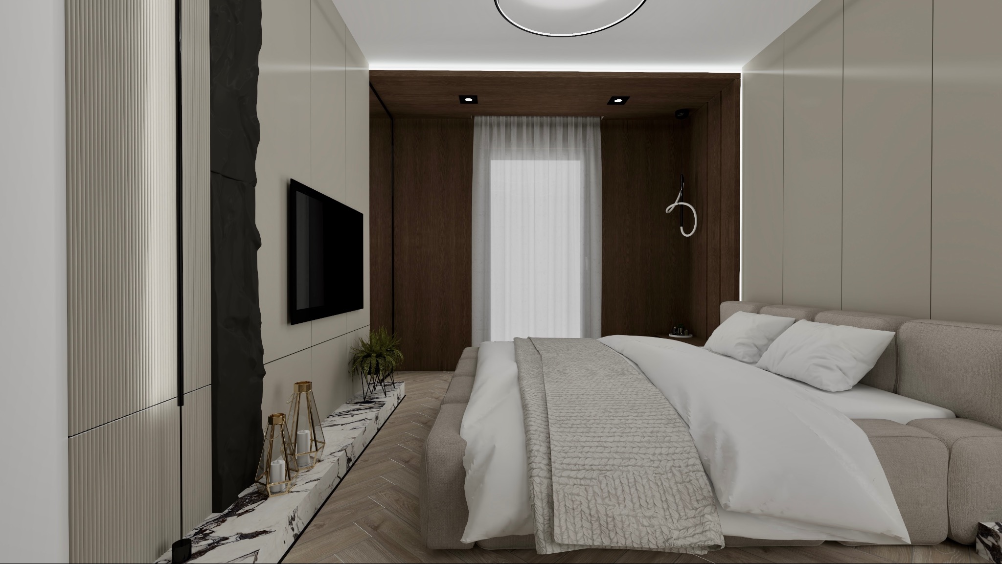 Nowoczesna sypialnia z łóżkiem w odcieniach szarości, marmurowym blatem pod telewizorem i dekoracyjnymi lampionami. Minimalistyczny design, ciepłe oświetlenie.