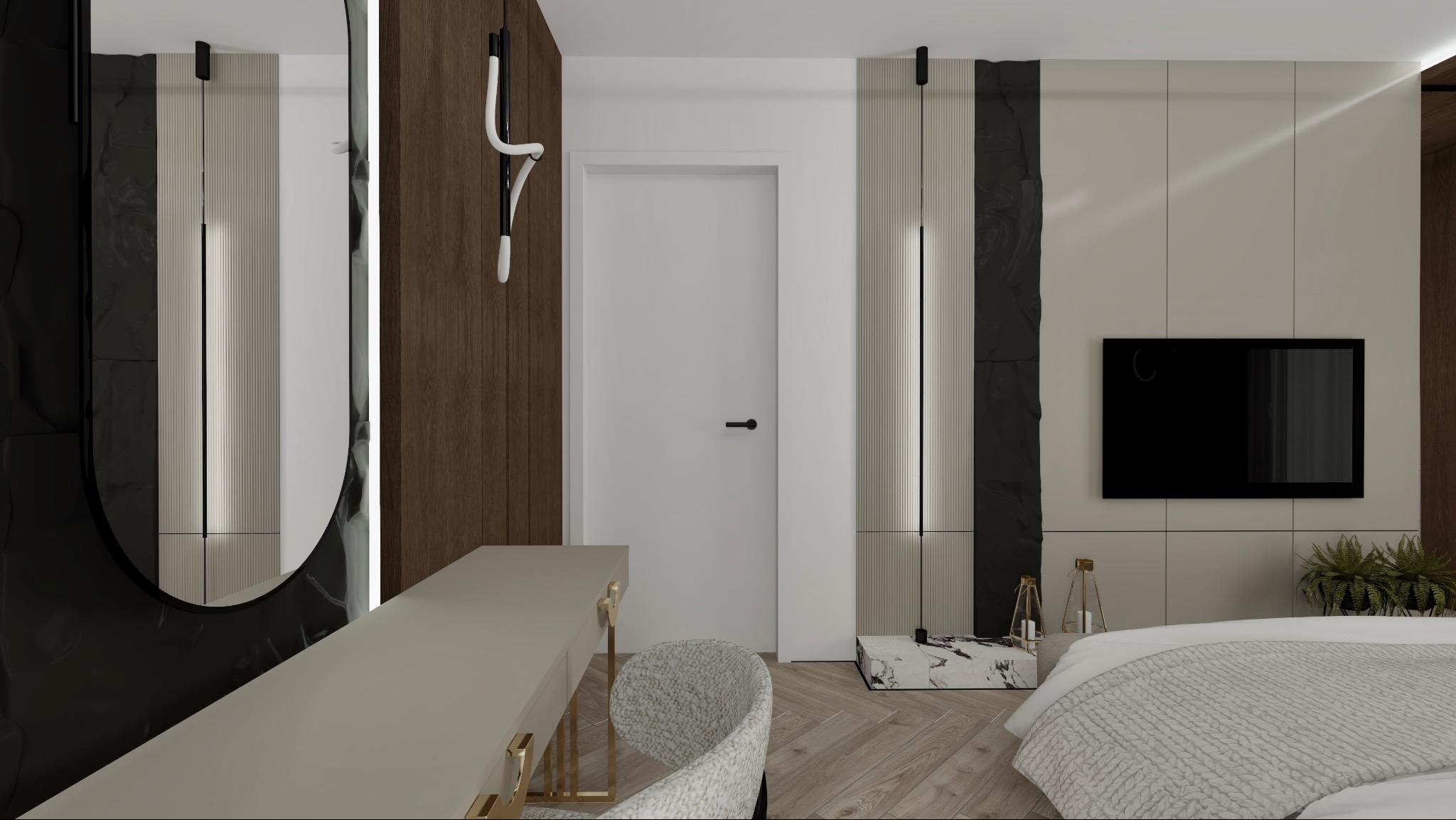 Nowoczesna sypialnia z toaletką, okrągłym lustrem i telewizorem. Neutralna kolorystyka z akcentami drewna i marmuru. Minimalistyczny design, oświetlenie dekoracyjne.