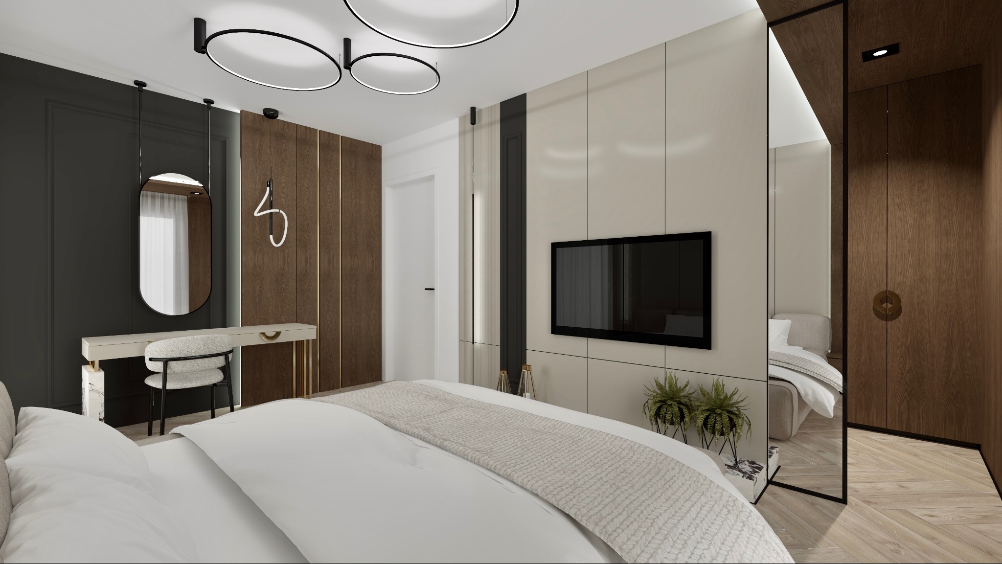Nowoczesna sypialnia z łóżkiem, toaletką z owalnym lustrem i telewizorem na ścianie. Drewniane panele i okrągłe lampy sufitowe dodają elegancji. Widok z perspektywy łóżka.