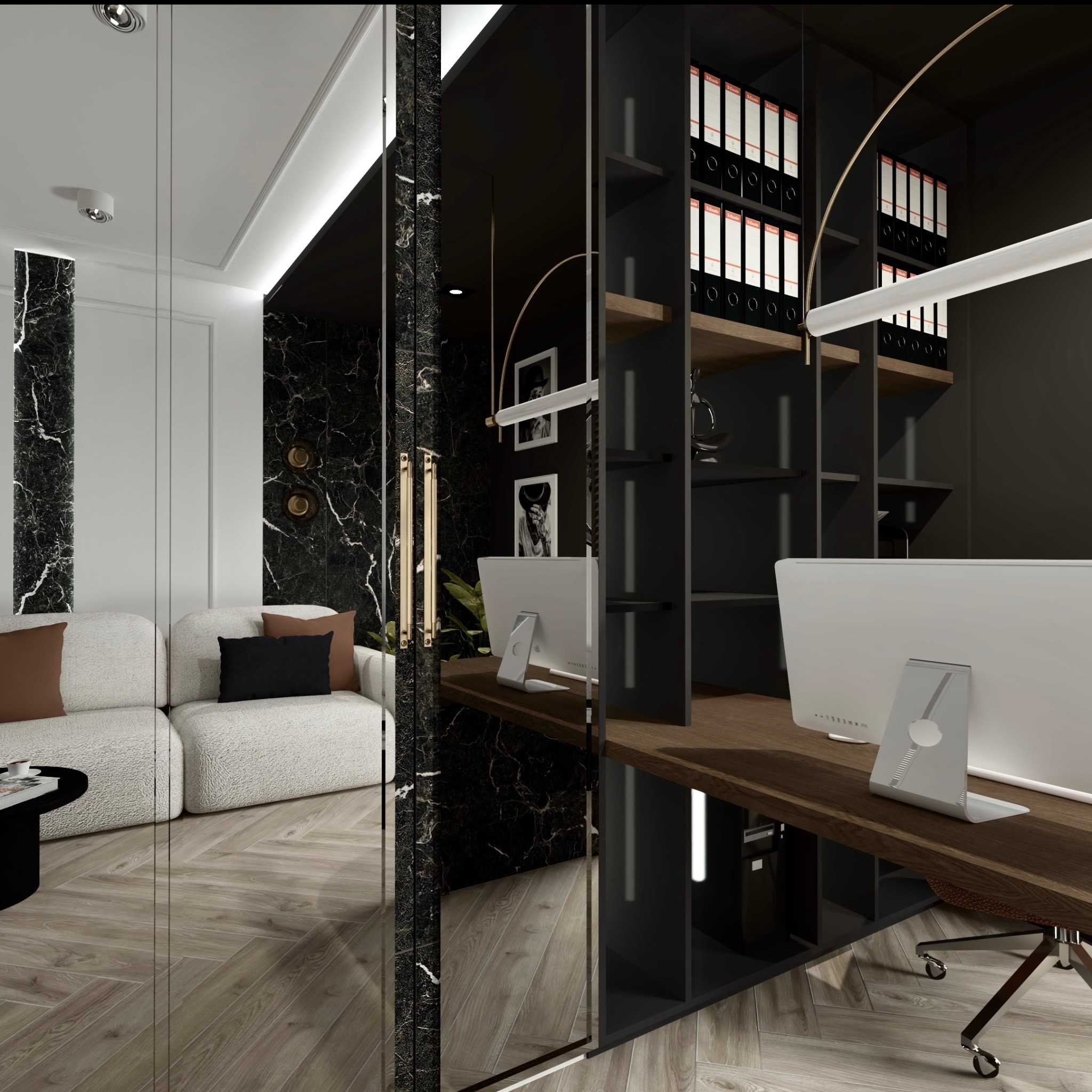Ekskluzywne biuro z sofą i biurkiem, czarne marmurowe akcenty, drewniana podłoga w jodełkę, nowoczesne oświetlenie i przeszklona ściana działowa.