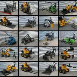 Kompilacja zdjęć różnych miniładowarek i maszyn budowlanych marki Sherpa z różnymi przystawkami, w tym łyżki, widły, wiertła i chwytaki do płyt.