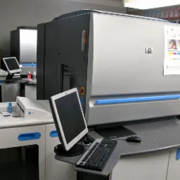Duża, profesjonalna maszyna drukarska HP w szaro-srebrnej obudowie z niebieskimi akcentami, monitor i klawiatura na blacie, w tle inne maszyny i półki z materiałami eksploatacyjnymi.