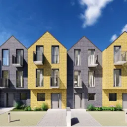 Wizualizacja szeregu nowoczesnych domów murowanych z balkonami, elewacje w kolorach białym, szarym i żółtym, na tle błękitnego nieba z chmurami.