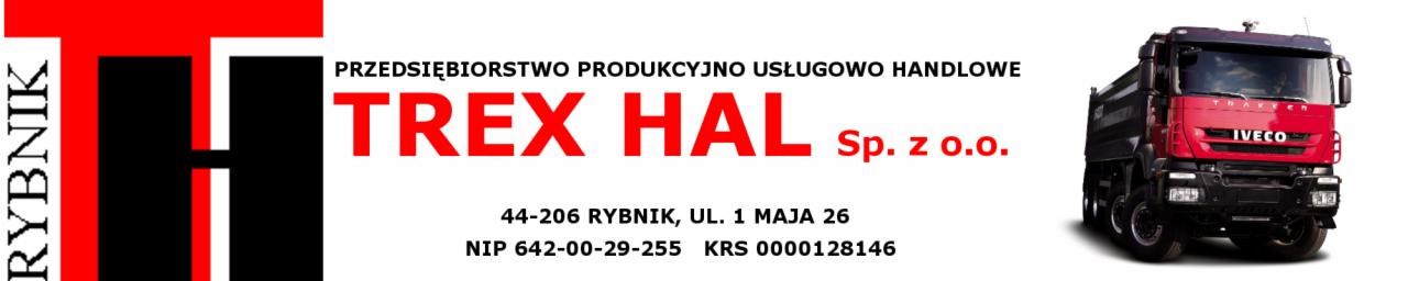 Zdjęcie prezentuje logo firmy TREX HAL Sp. z o.o. z Rybnika, obok którego znajduje się czerwona ciężarówka marki Iveco.