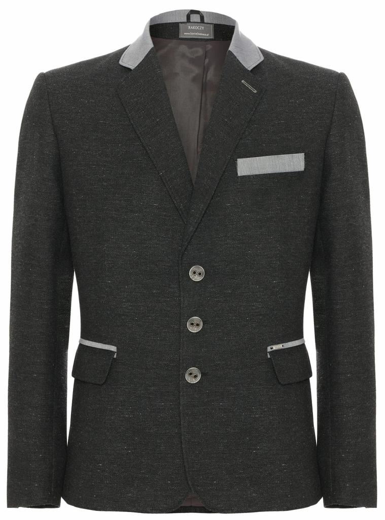 Elegancka, grafitowa marynarka z szarymi wykończeniami kołnierza, kieszeni i butonierki, zapinana na trzy guziki.