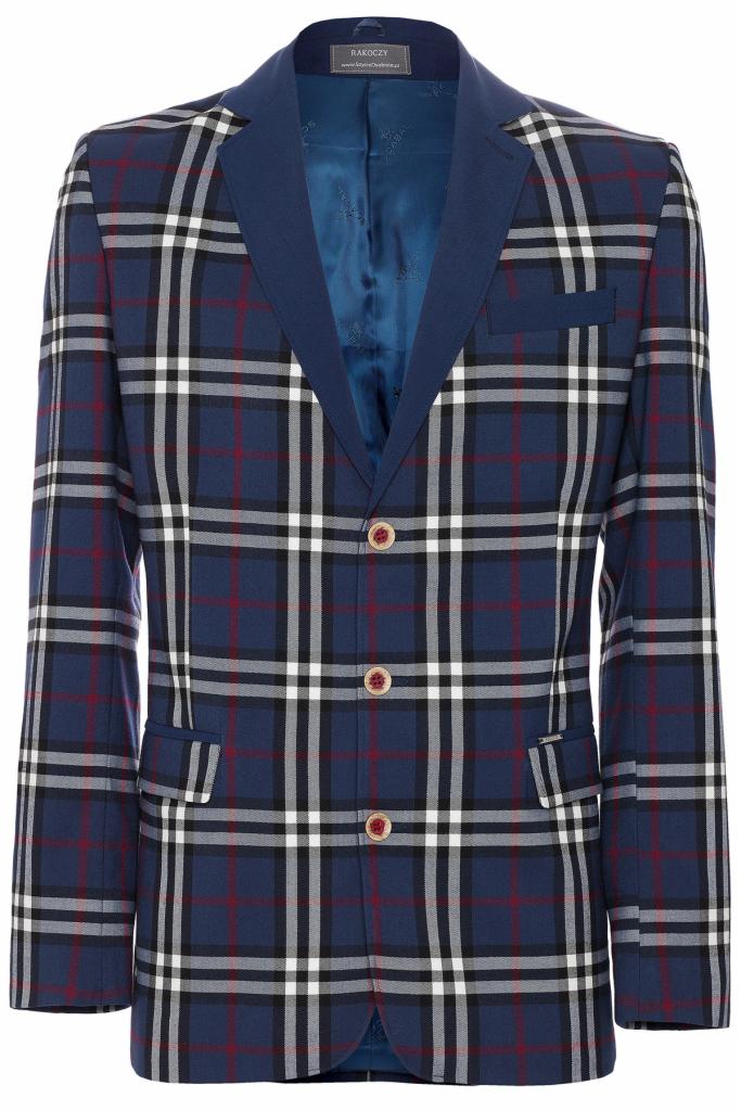Męska marynarka w niebieską kratę, z trzema guzikami z brązowymi obwódkami, na tle jasnego tła.
