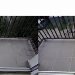 Zdjęcie balkonu podzielone na dwie części: 'PRZED' - brudne płytki i 'PO' - czyste płytki po umyciu, widoczny odkurzacz do czyszczenia na mokro.