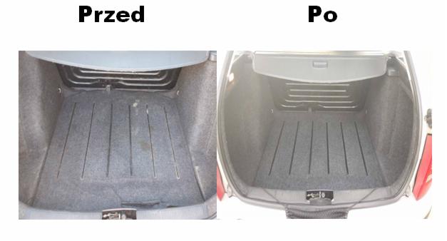 Zdjęcie porównawcze bagażnika samochodowego przed i po czyszczeniu, ukazujące różnicę w wyglądzie i czystości wykładziny.