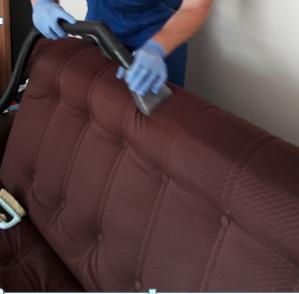 Pracownik w niebieskich rękawiczkach czyści brązową tapicerkę sofy odkurzaczem piorącym. W tle widoczny fragment ściany i mebla.