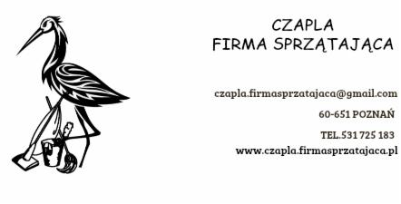 Logo firmy sprzątającej 'Czapla' z graficzną sylwetką czapli z mopem i wiadrem, adres e-mail, adres pocztowy w Poznaniu i numer telefonu.