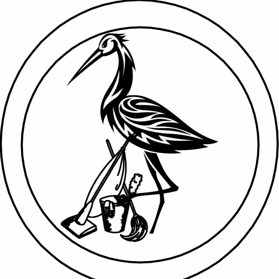 Czarno-biały logotyp przedstawiający żurawia stojącego nad wiaderkiem, mopem i zmiotką w okręgu.