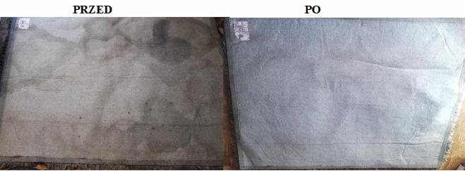 Porównanie stanu kostki brukowej przed i po umyciu, widoczne plamy i zabrudzenia zniknęły.