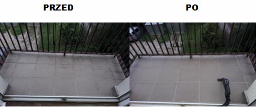 Zdjęcie balkonu podzielone na dwie części: 'PRZED' - brudne płytki i 'PO' - czyste płytki po umyciu, widoczny odkurzacz do czyszczenia na mokro.