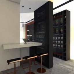 Wizualizacja nowoczesnej kuchni z barkiem, tablicą kredową z napisem 'Crazy Ones' i wysokimi stołkami z miedzianymi nogami, oświetlona wiszącymi lampami.