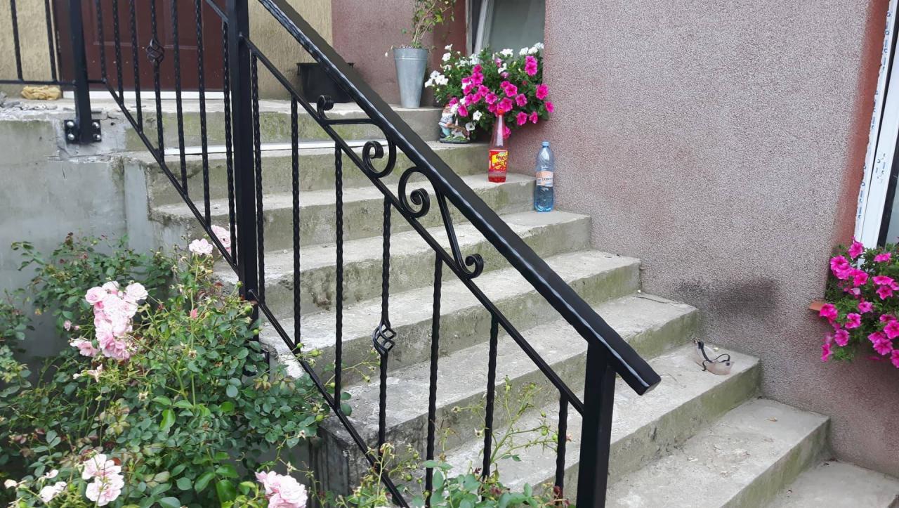 Zewnętrzne schody betonowe z czarną, metalową balustradą o dekoracyjnych elementach, ozdobione kwiatami w doniczkach i różami w ogrodzie.