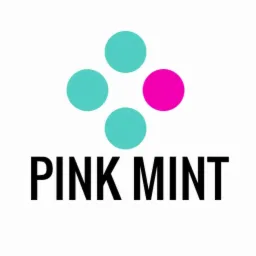 Logo firmy Pink Mint z czterema okręgami w kolorach turkusowym i różowym ułożonymi w kształt kwiatu nad nazwą firmy napisaną czarnymi, pogrubionymi literami na białym tle.