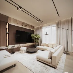 Jasny salon z narożną sofą, dywanem w kratę, ścianą z marmurowym akcentem i nowoczesnym oświetleniem szynowym.