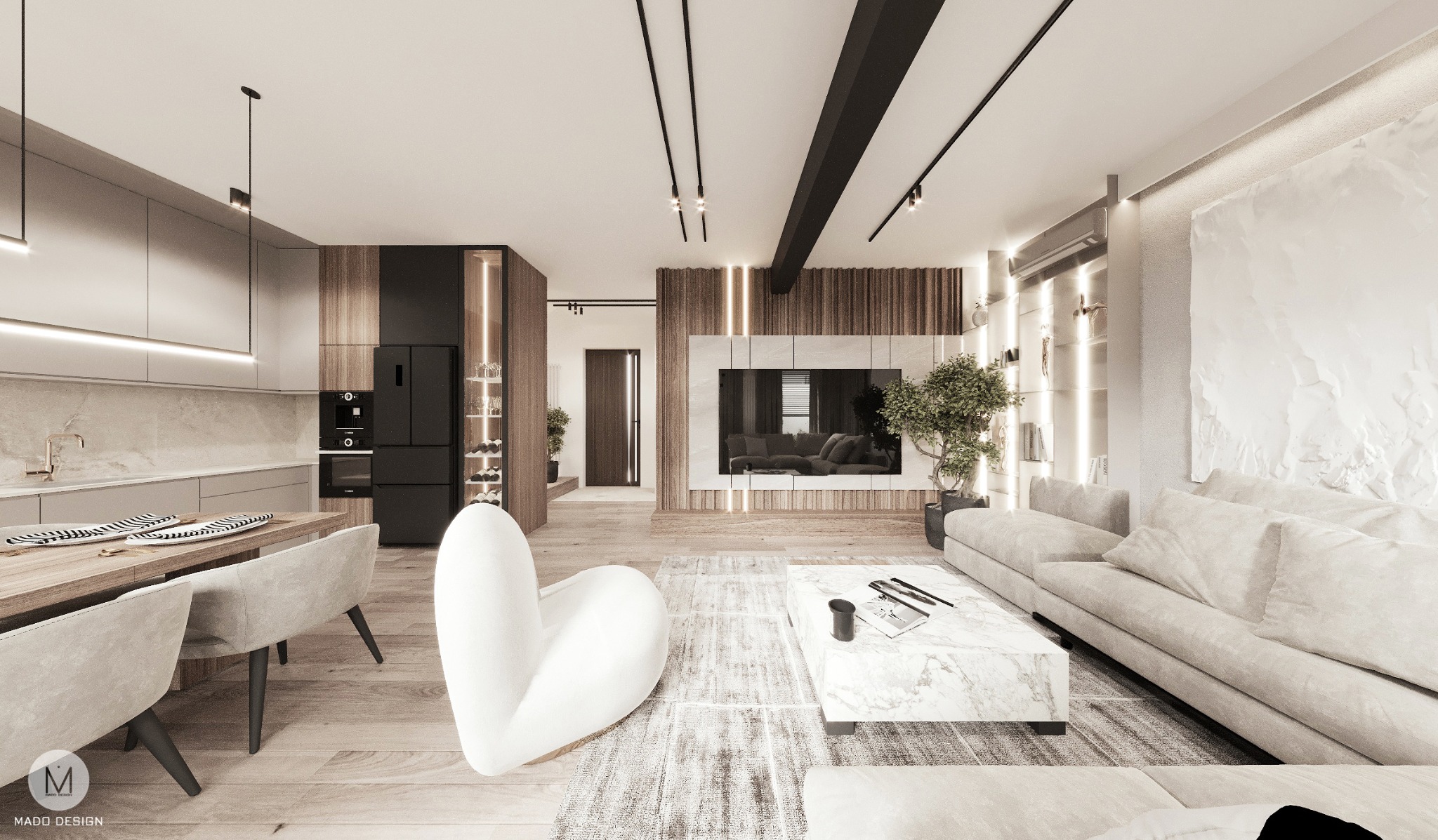 Nowoczesne wnętrze apartamentu z otwartą kuchnią, jadalnią i salonem. Widoczny minimalistyczny stół jadalny z krzesłami, designerski fotel w kształcie serca, marmurowy stolik kawowy oraz duża sofa.