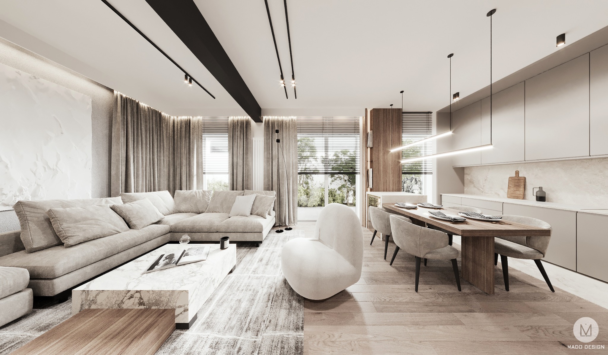 Jasne, przestronne wnętrze z narożną sofą, marmurowym stolikiem kawowym, okrągłym fotelem i drewnianym stołem jadalnym z krzesłami, oświetlone nowoczesnymi lampami sufitowymi.