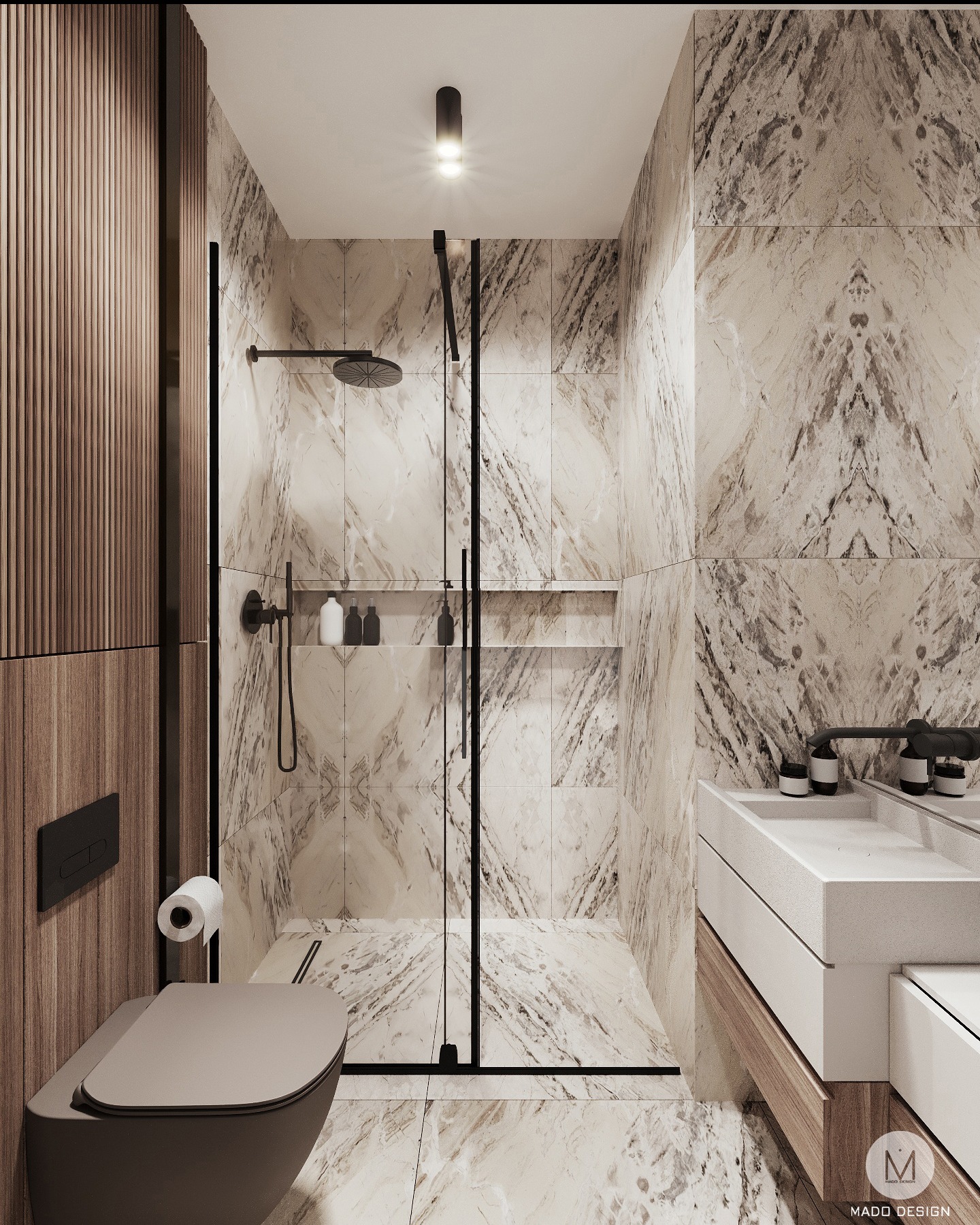 Wizualizacja nowoczesnej łazienki z kabiną prysznicową typu walk-in, marmurowymi płytkami na ścianach i podłodze, oraz toaletą w kolorze taupe i minimalistyczną umywalką.