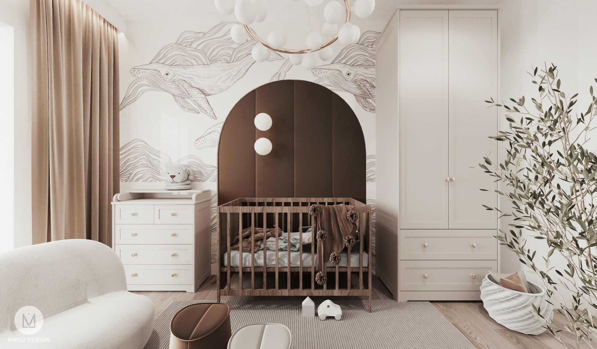 Beżowe wnętrze pokoju dziecięcego z łóżeczkiem, komodą z przewijakiem, szafą, lampą w kształcie okręgu i tapetą z motywem wielorybów.