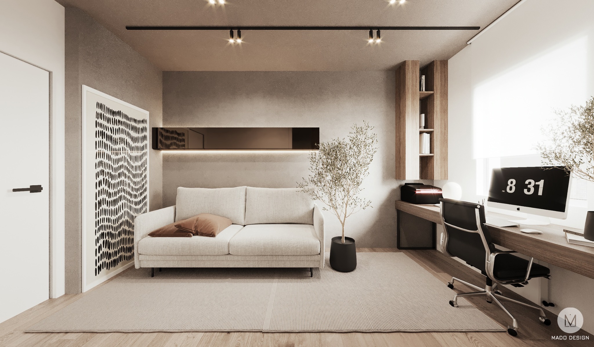 Beżowy salon z biurkiem, na którym stoi komputer z wyświetloną datą 8:31, biała sofa z brązową poduszką, czarne oświetlenie szynowe i roślina w czarnej doniczce.