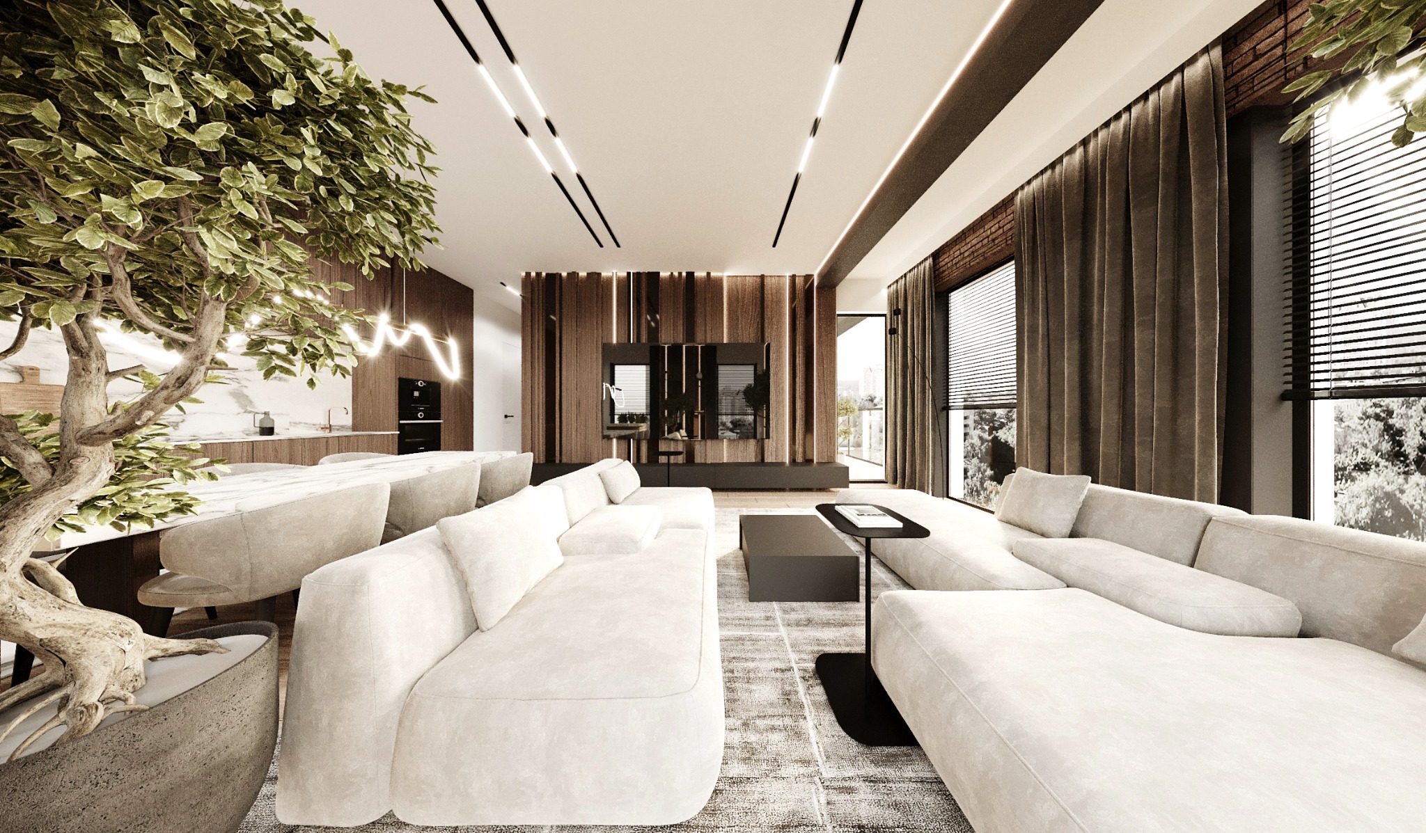 Modelowe wnętrze salonu z otwartą kuchnią, dominują beże i brązy, duża roślina w donicy na pierwszym planie, nowoczesne oświetlenie sufitowe i zasłony w oknach.