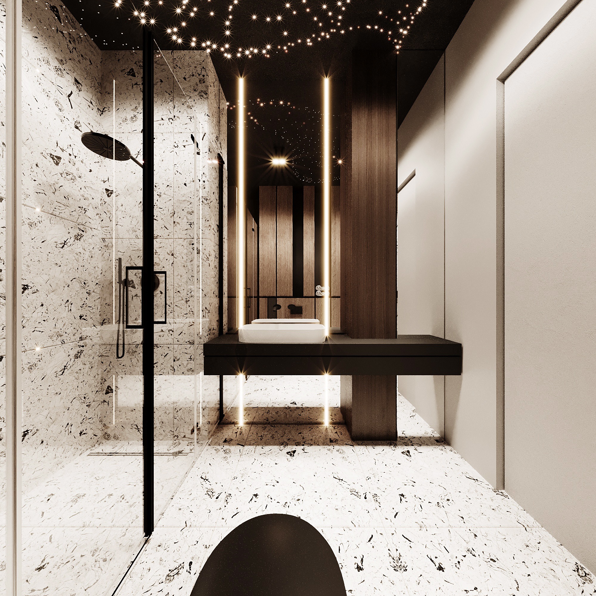 Nowoczesna łazienka z kabiną prysznicową ze szklanymi drzwiami, umywalką nablatową na czarnym blacie, oświetleniem LED w suficie imitującym gwiazdy i pionowym oświetleniem lustra, wykończona...