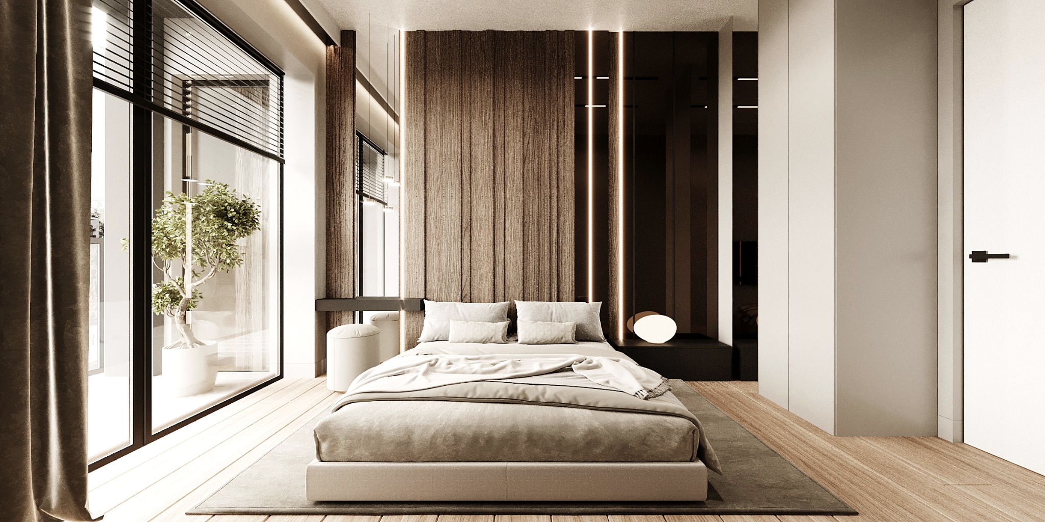 Jasna sypialnia z drewnianą ścianą akcentującą, oświetleniem LED, dużym oknem z widokiem na zieleń i minimalistycznym wystrojem, prezentująca aranżację modelowego mieszkania.