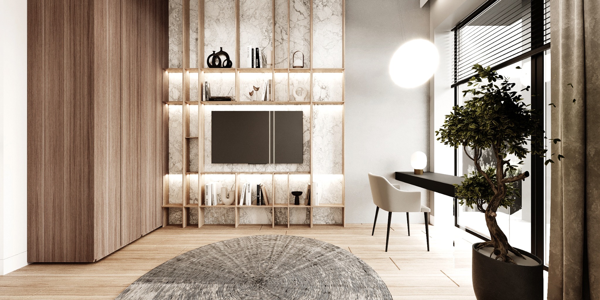 Nowoczesne wnętrze mieszkania modelowego z drewnianą zabudową, marmurową ścianą z półkami podświetlanymi LED, telewizorem, okrągłym dywanem, biurkiem z krzesłem i drzewkiem bonsai przy oknie.