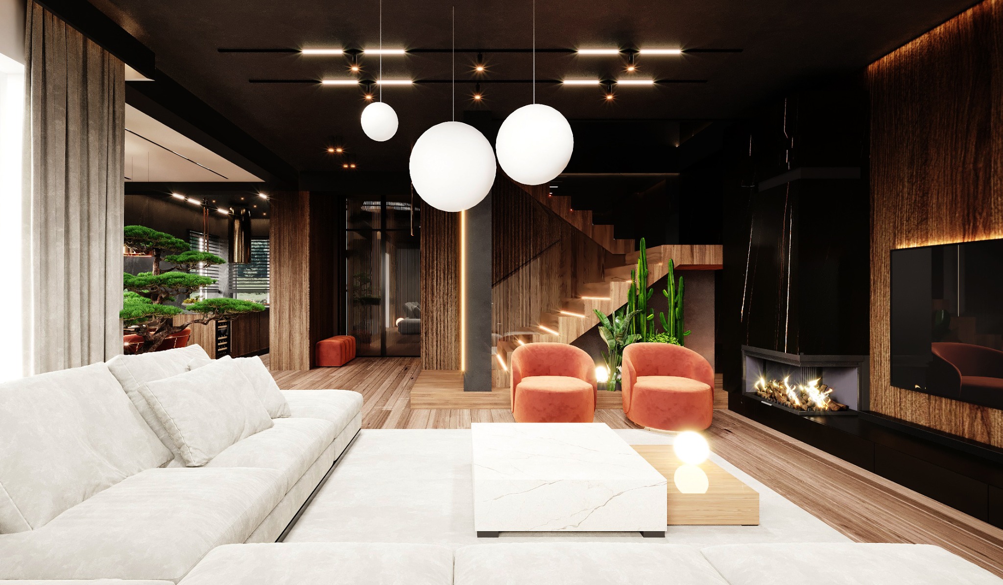 Nowoczesny salon z białym narożnikiem, marmurowym stolikiem kawowym, pomarańczowymi fotelami, schodami z drewnianymi stopniami, kominkiem i dekoracyjnymi kulistymi lampami wiszącymi.