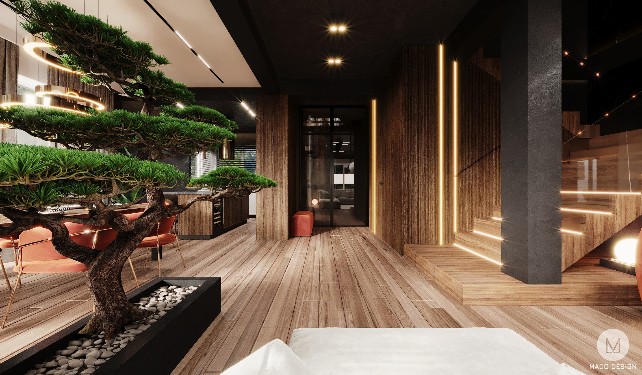 Wnętrze nowoczesnego apartamentu z drewnianą podłogą, oświetleniem LED i dekoracyjnym drzewkiem bonsai w czarnej donicy z białymi kamieniami, pomarańczowe krzesła i schody z podświetleniem.