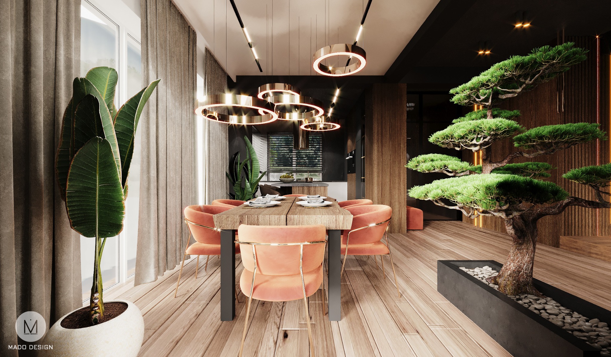 Nowoczesna jadalnia z drewnianym stołem otoczonym ośmioma krzesłami w odcieniach brzoskwini, oświetlona wiszącymi lampami w kształcie złotych pierścieni. Dekorację stanowią duża roślina doniczkowa...