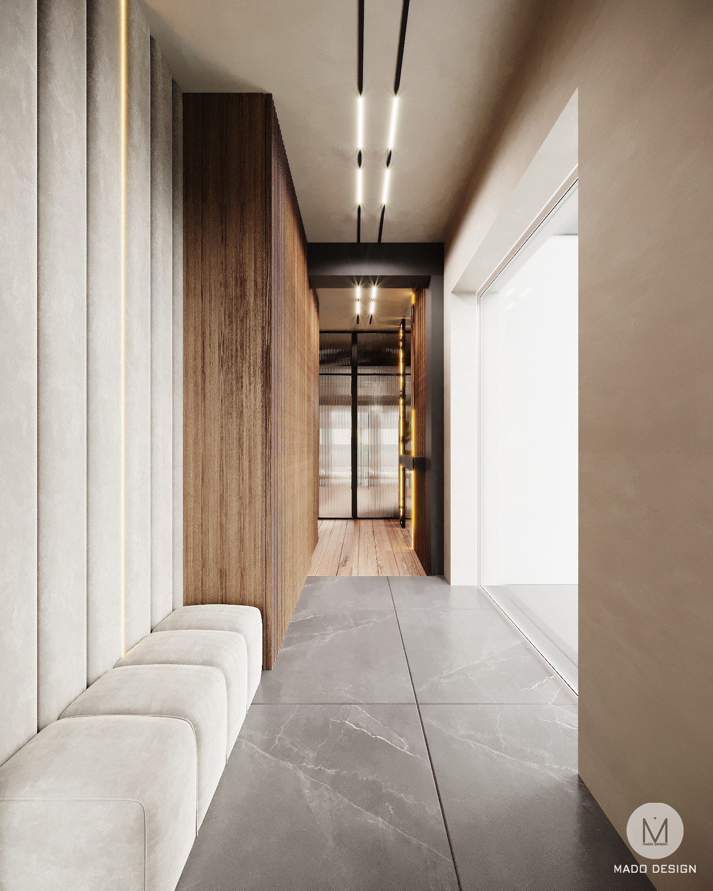 Nowoczesny korytarz z panelami ściennymi w odcieniach bieli i drewna, szara marmurowa podłoga, oświetlenie LED w suficie i dekoracyjne listwy świetlne, widok w głąb przez szklane drzwi.