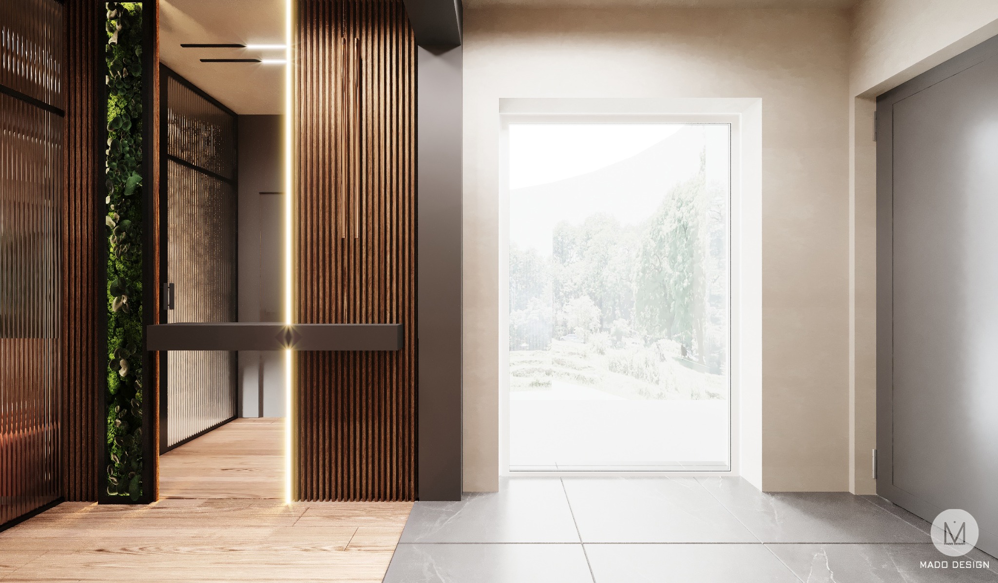 Nowoczesne wnętrze z drewnianą ścianą z pionowymi listwami i oświetleniem LED, pionowa zielona ściana z roślinami, widok na zewnątrz przez duże okno, podłoga z płytek w dwóch odcieniach szarości.