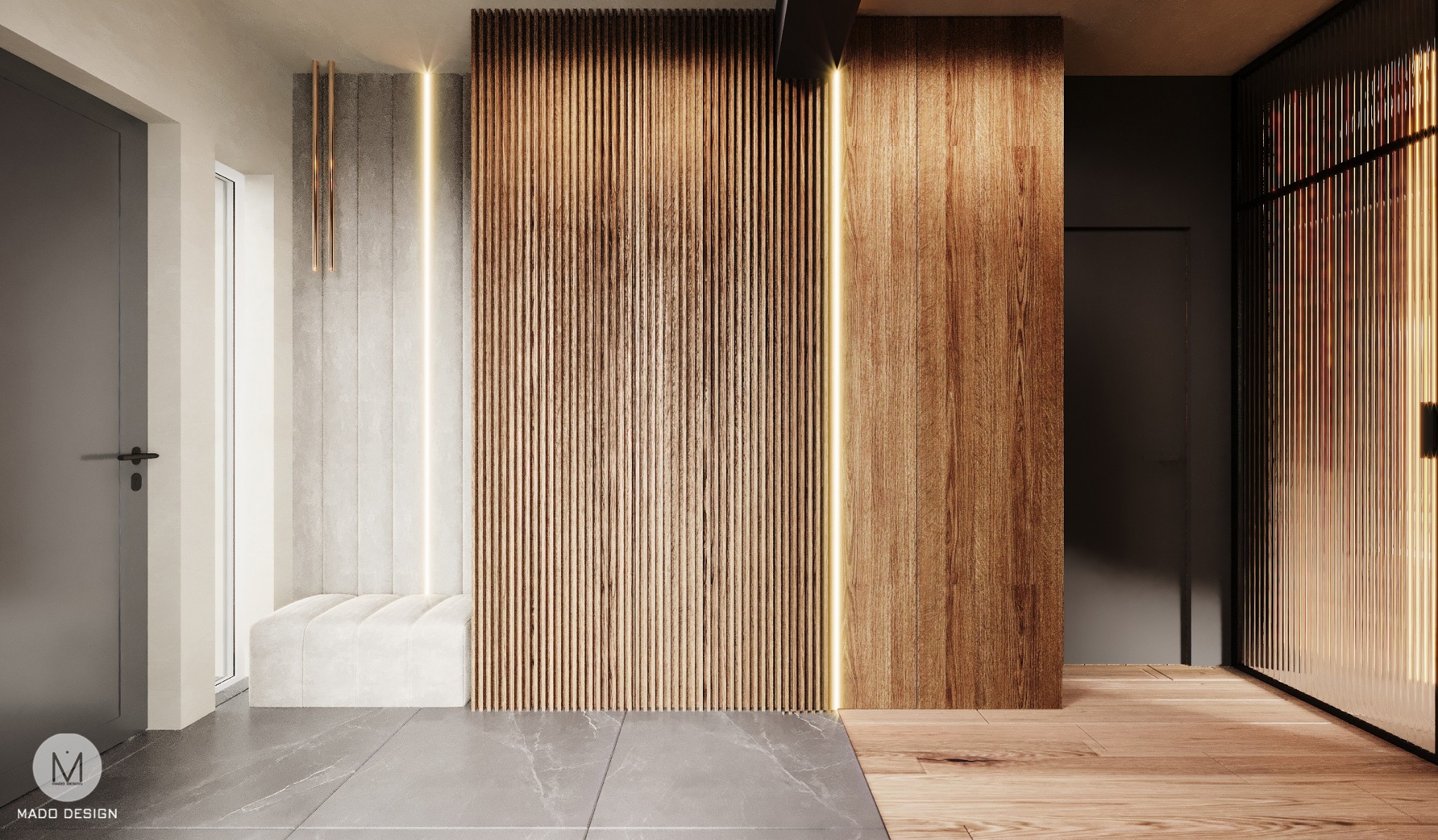 Nowoczesny przedpokój z drewnianą ścianą panelową, oświetleniem LED, szarą podłogą z płytek i siedziskiem. W tle widoczne drzwi i przeszklona ściana z ryflowanego szkła.