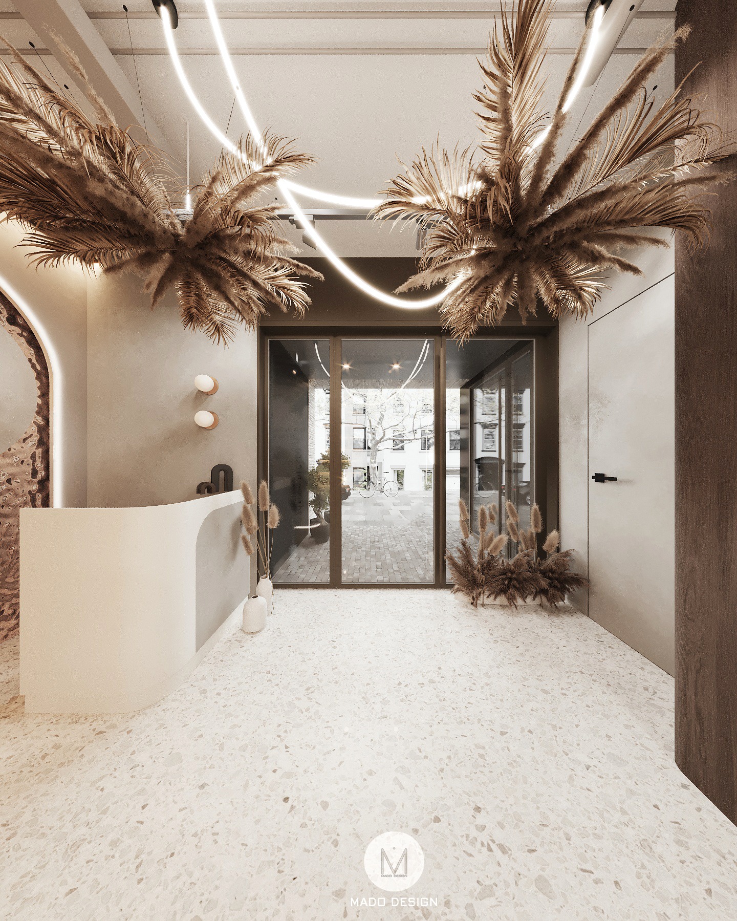 Jasne, nowoczesne wnętrze biura z recepcją, dekoracjami z suszonych traw i neonowym oświetleniem sufitowym, widok na ulicę przez przeszklone drzwi.