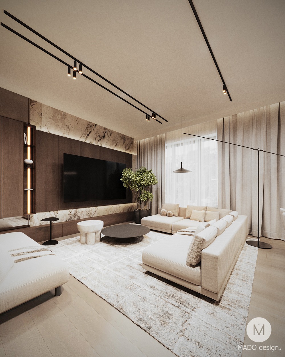 Jasny salon z narożną sofą, dywanem w kratę, ścianą z marmurowym akcentem i nowoczesnym oświetleniem szynowym.