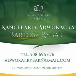 Wizytówka Kancelarii Adwokackiej Bartosza Rybaka z logiem Adwokatury Polskiej, zielonym tłem i danymi kontaktowymi: numer telefonu, adres e-mail i adres siedziby w Mielcu.