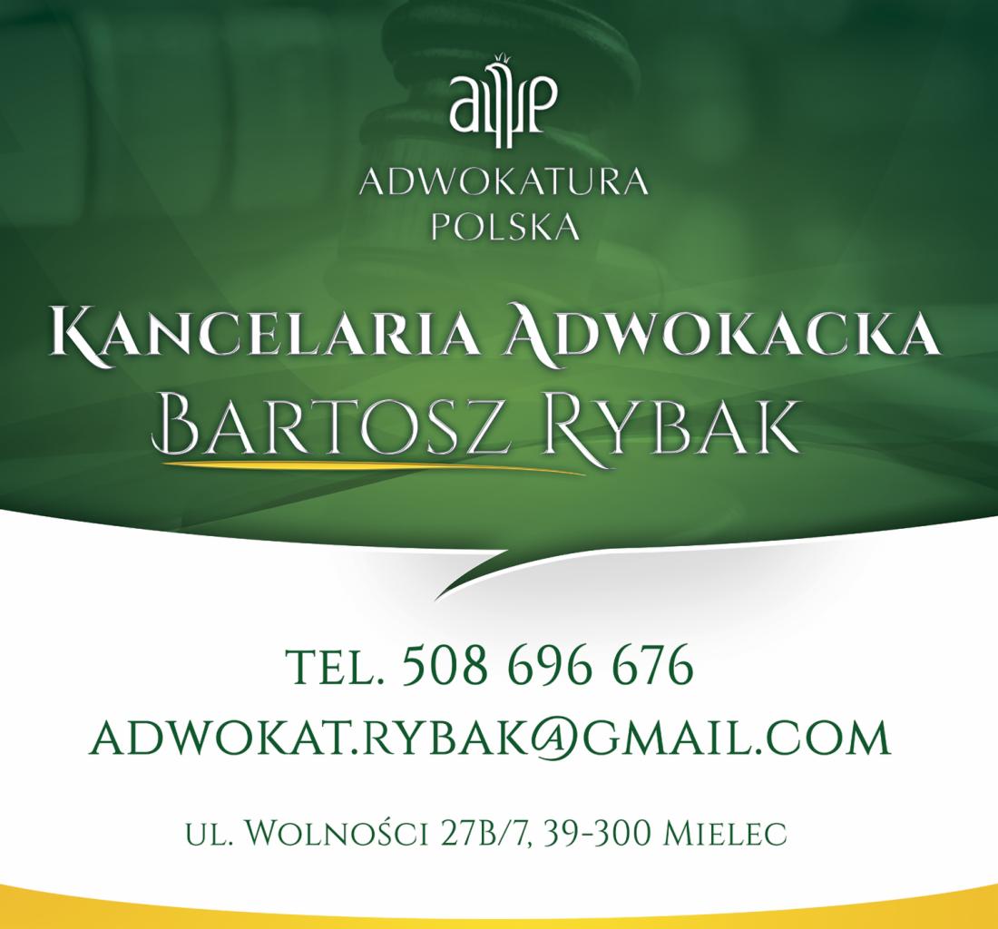 Wizytówka Kancelarii Adwokackiej Bartosza Rybaka z logiem Adwokatury Polskiej, zielonym tłem i danymi kontaktowymi: numer telefonu, adres e-mail i adres siedziby w Mielcu.