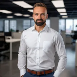 Portret mężczyzny z brodą w białej koszuli i niebieskich spodniach, stojącego w nowoczesnym biurze z widokiem na miasto.