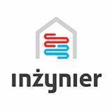 Logo firmy Inżynier z symbolem domu i stylizowanymi, czerwono-niebieskimi rurami grzewczymi w jego wnętrzu.