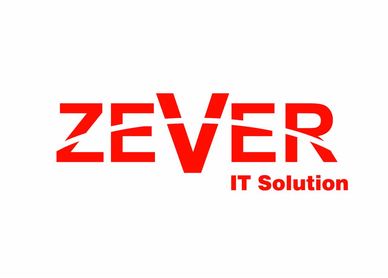 Czerwone logo firmy 'ZEVER IT Solution' na białym tle, z charakterystycznymi przerwami w literach.