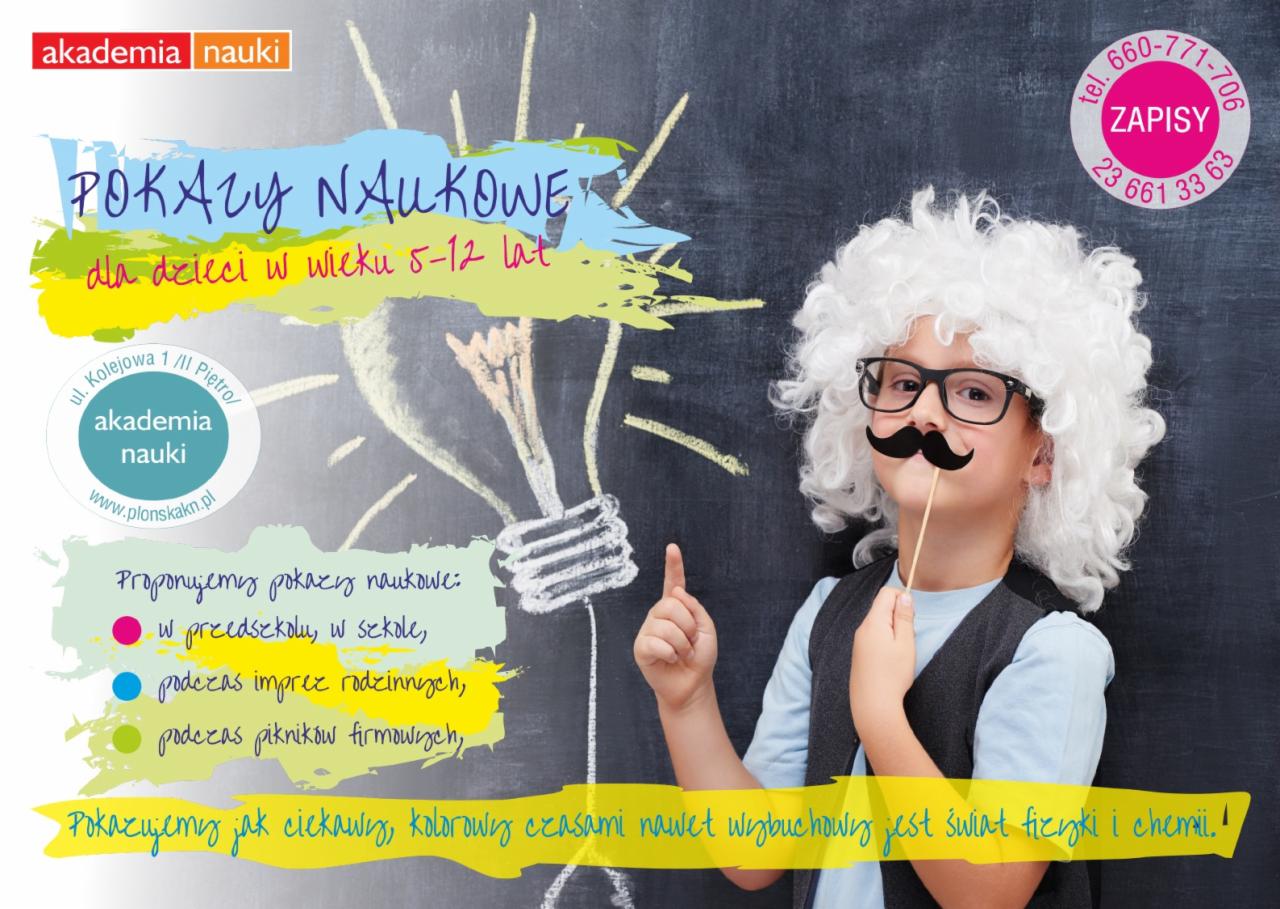 Chłopiec w peruce Einsteina i z wąsami na patyku, na tle tablicy z rysunkiem żarówki i napisem 'Pokazy naukowe dla dzieci w wieku 5-12 lat', oferta Akademii Nauki.