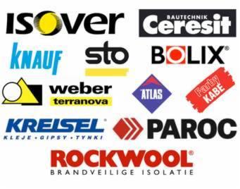Kolekcja logotypów producentów materiałów budowlanych, takich jak Ceresit, Isover, Knauf, Sto, Bolix, Weber Terranova, Kreisel, Atlas, Kabe, Paroc, Rockwool, prezentowanych na białym tle.